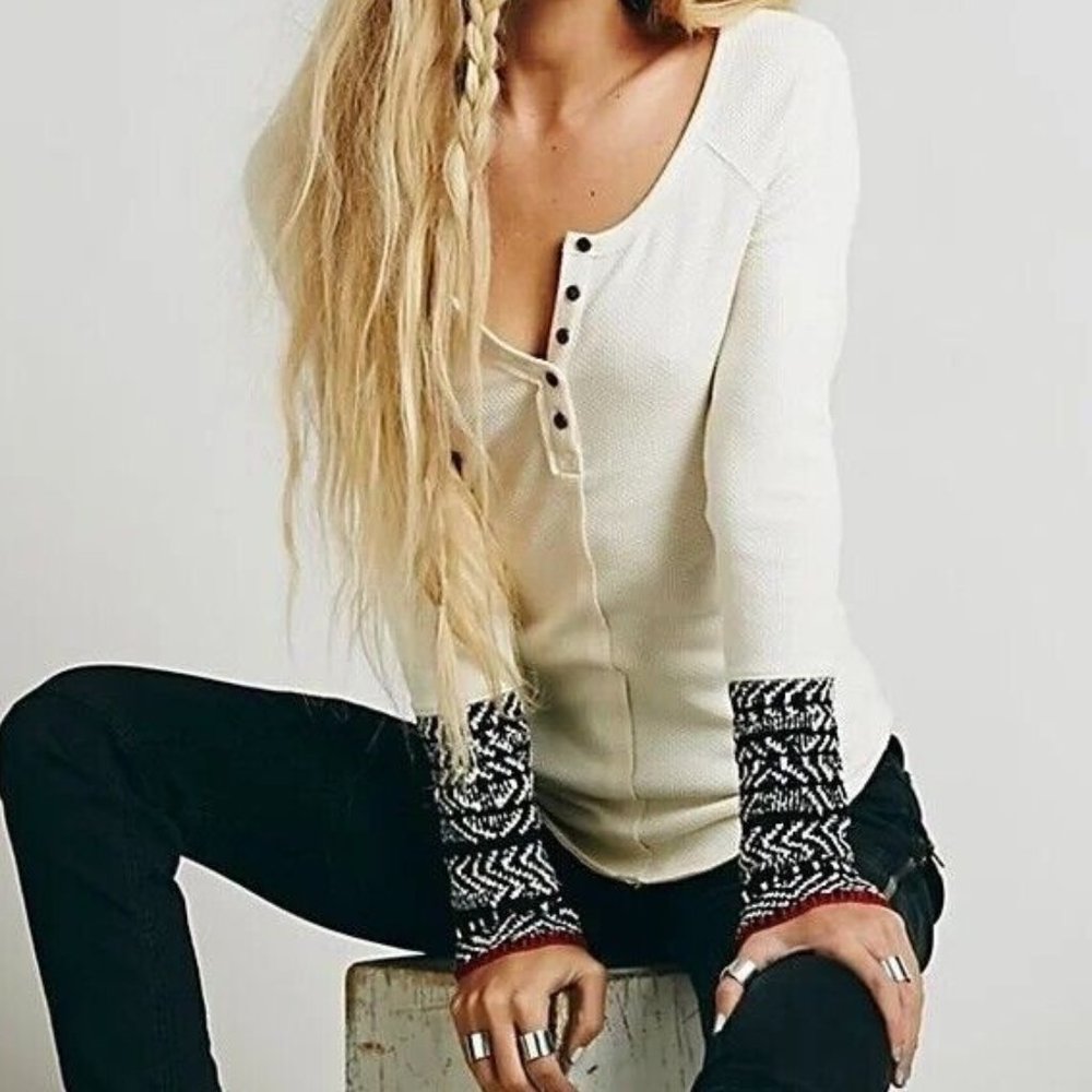 Free People Alpine Knit Cuff Henley Thermal Ivory Size Medium